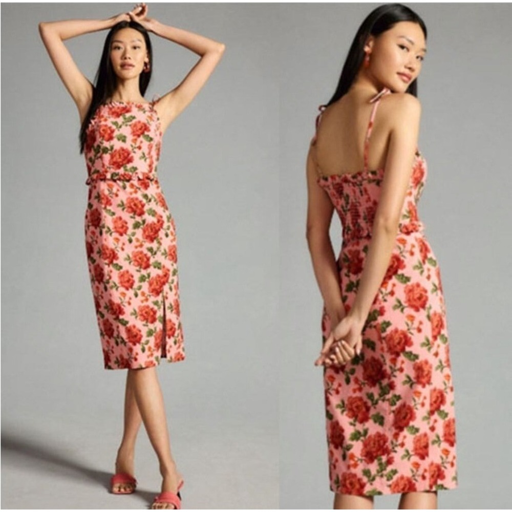 Anthropologie Pink Floral Ruffle Midi Dress Square Neck Tie Strap Smocked Back L